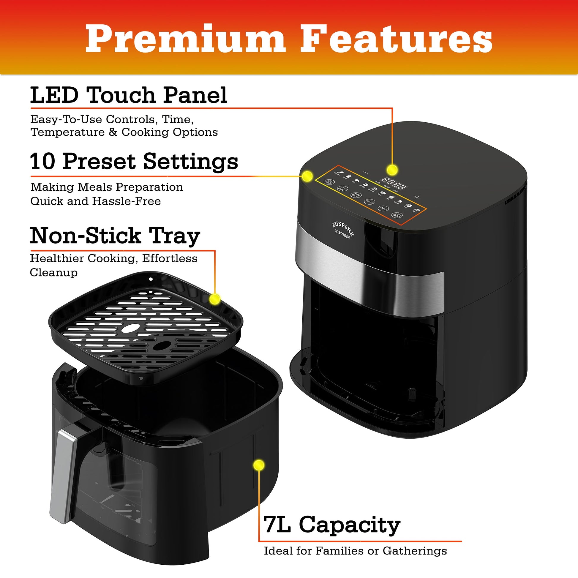 AUSPURE Air Fryer 7L Premium Digital with Cookbook, Nonstick Tray