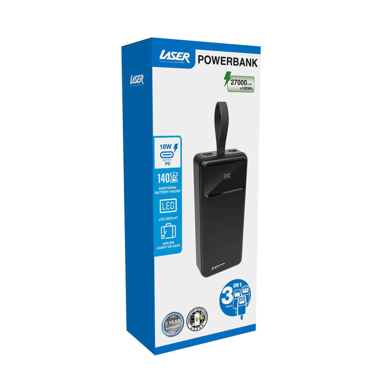 Laser 27000mAh Powerbank 18W PD LED Indicator Fast Charge (Black)