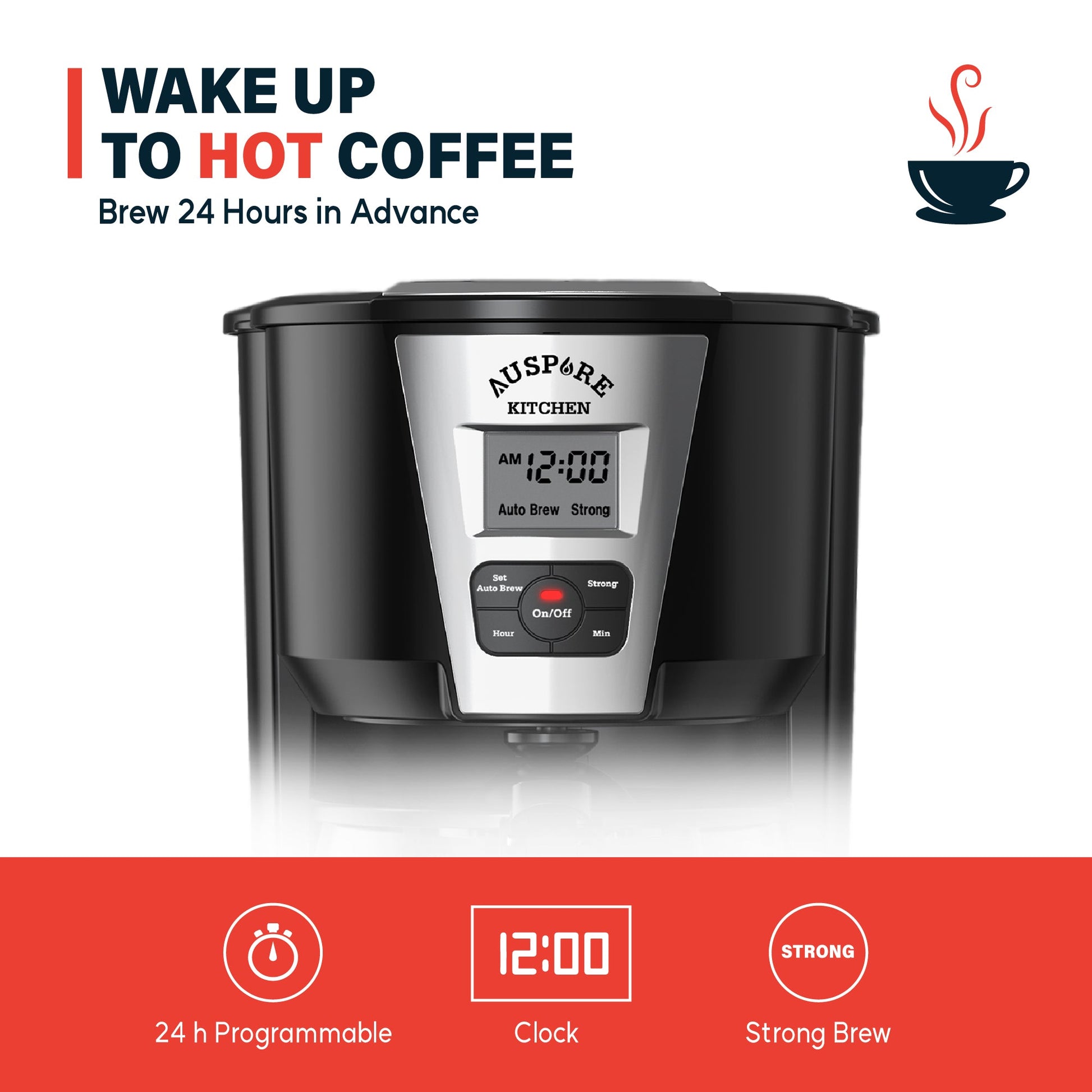 AUSPURE Coffee Maker 1.8L, Programmable Drip Coffee, 12 Cup, Auto Brew