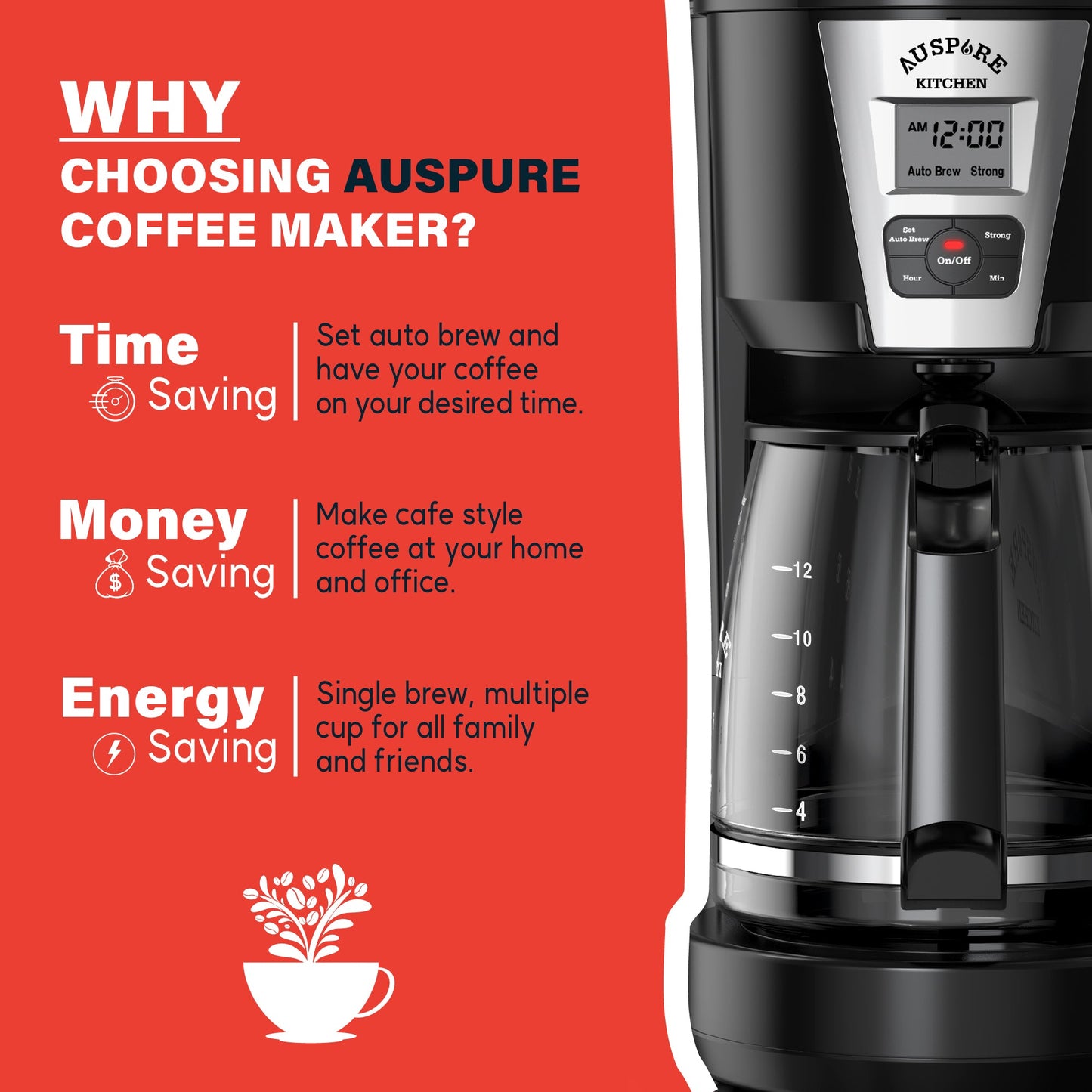 AUSPURE Coffee Maker 1.8L, Programmable Drip Coffee, 12 Cup, Auto Brew