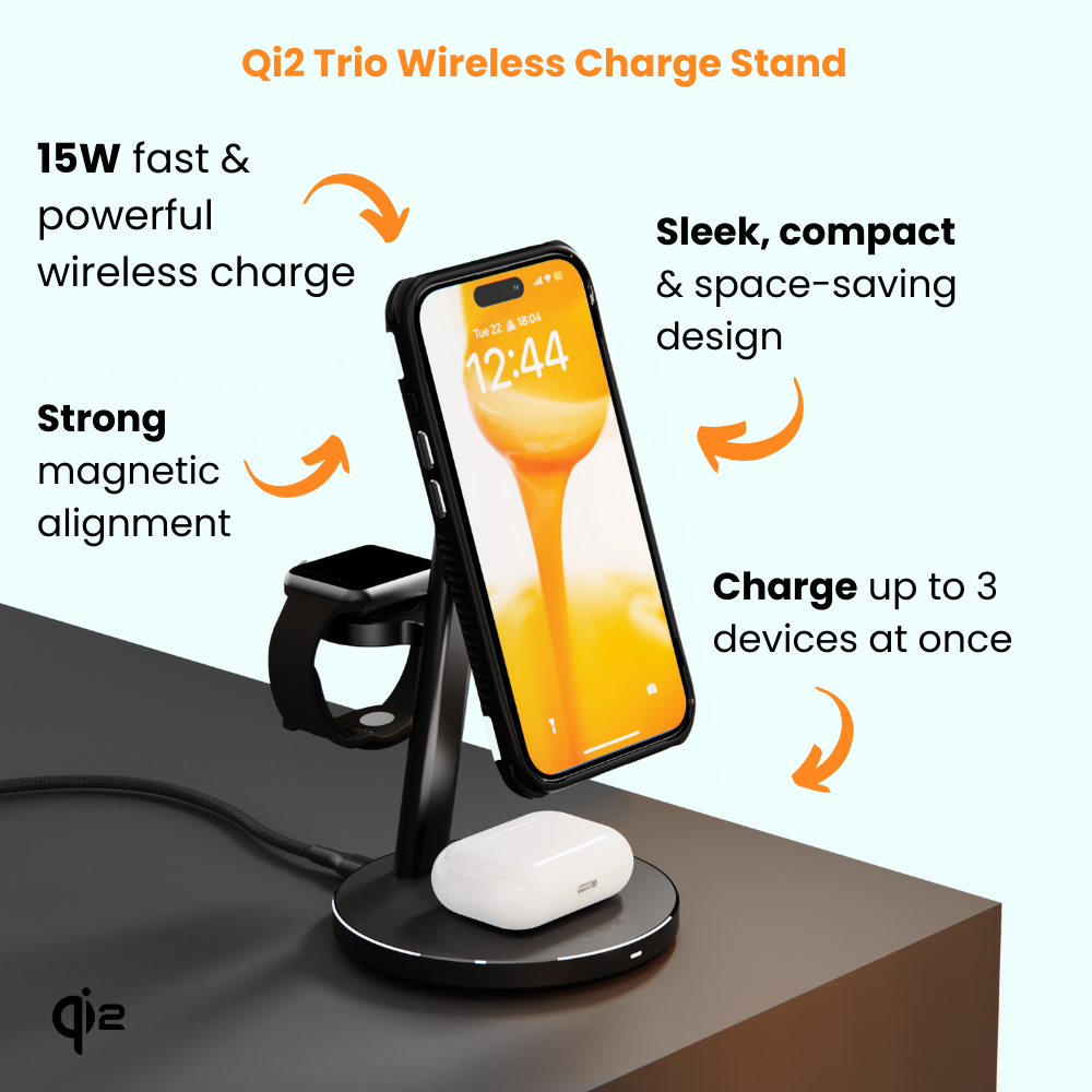EFM Qi2 Trio Wireless Charge Stand with 5W MFi Apple Watch Charger Pad (Black)