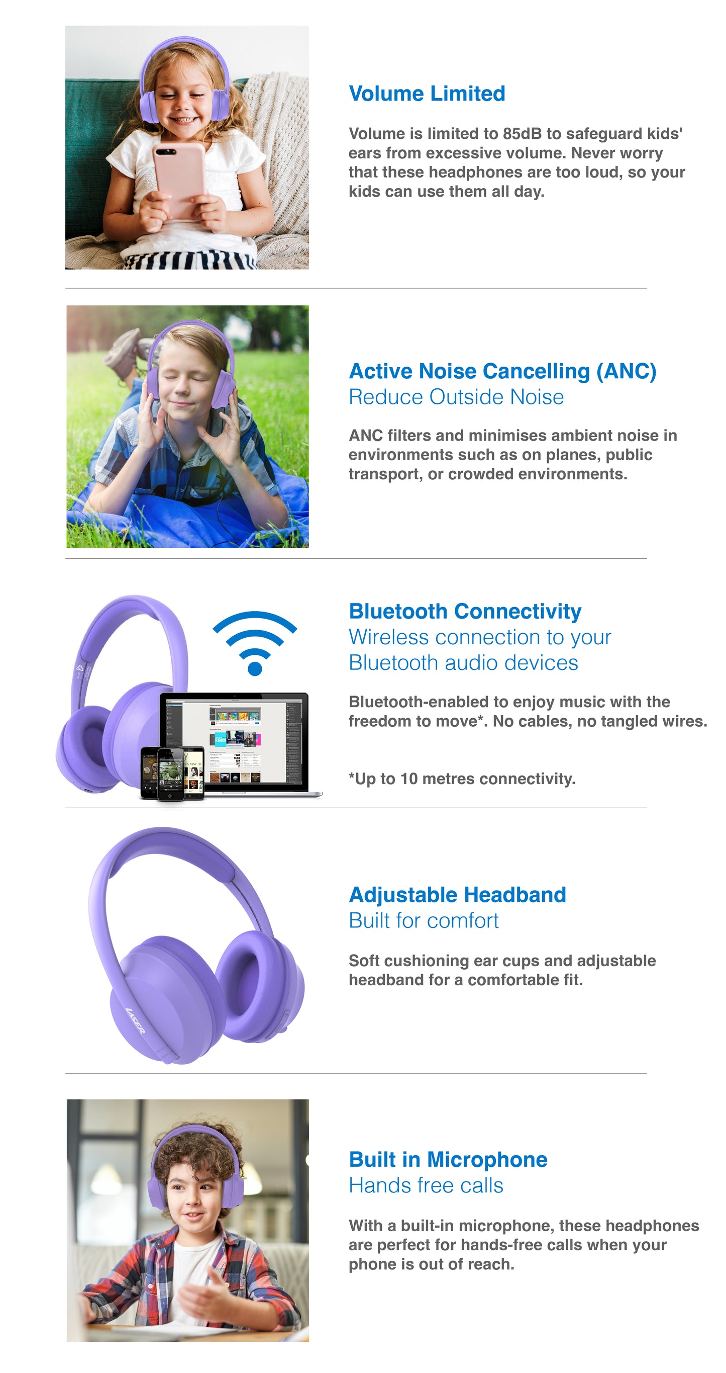 Laser ANC Kids Wireless Headphones Volume-Limited (Lilac)