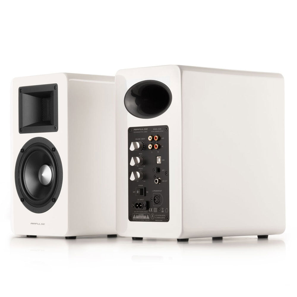Airpulse A100 Active Wireless Bookshelf Speakers and WiiM Mini (White)