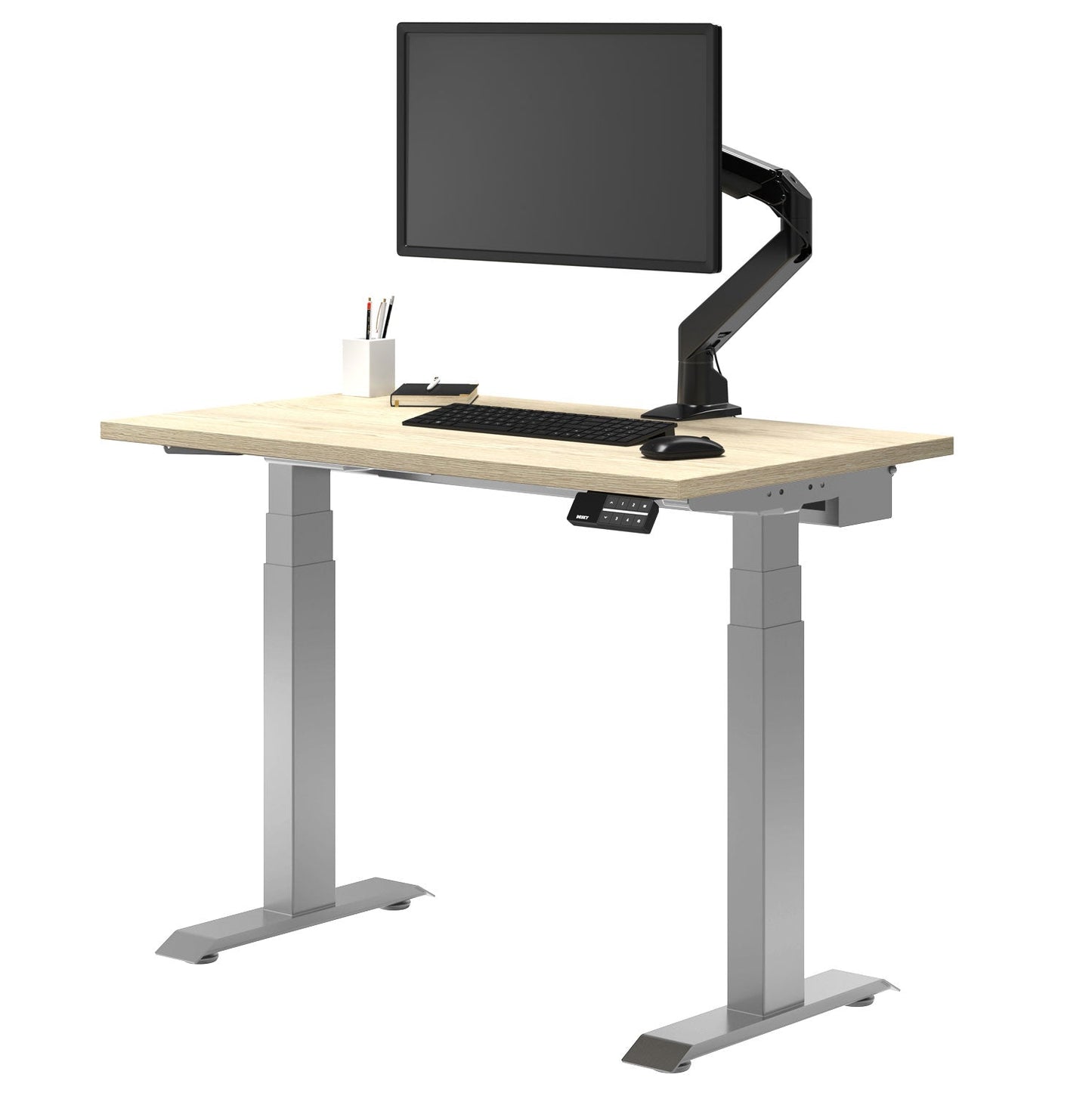 Desky Dual Mini Sit Stand Desk 1100x600 Classic Oak Desktop and Grey Frame