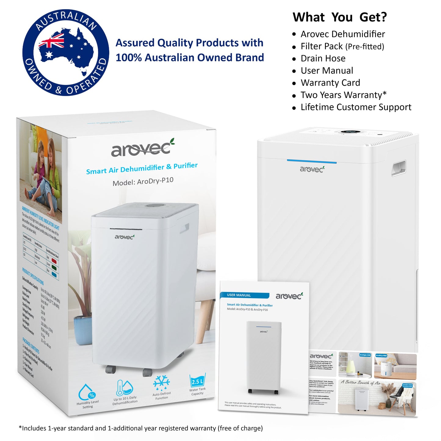 AROVEC 2-in-1 Smart Dehumidifier & Air Purifier – 10L/Day, 2.5L Tank, 30m² Coverage