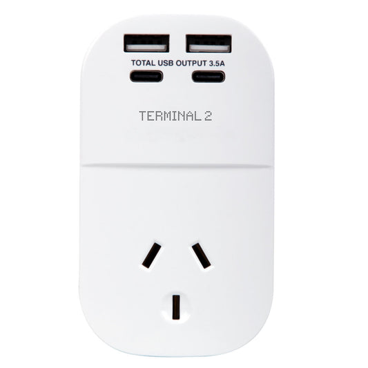 Terminal 2 Outbound Travel Adaptor with 4 USB Ports for Europe, Russia, Vietnam & More