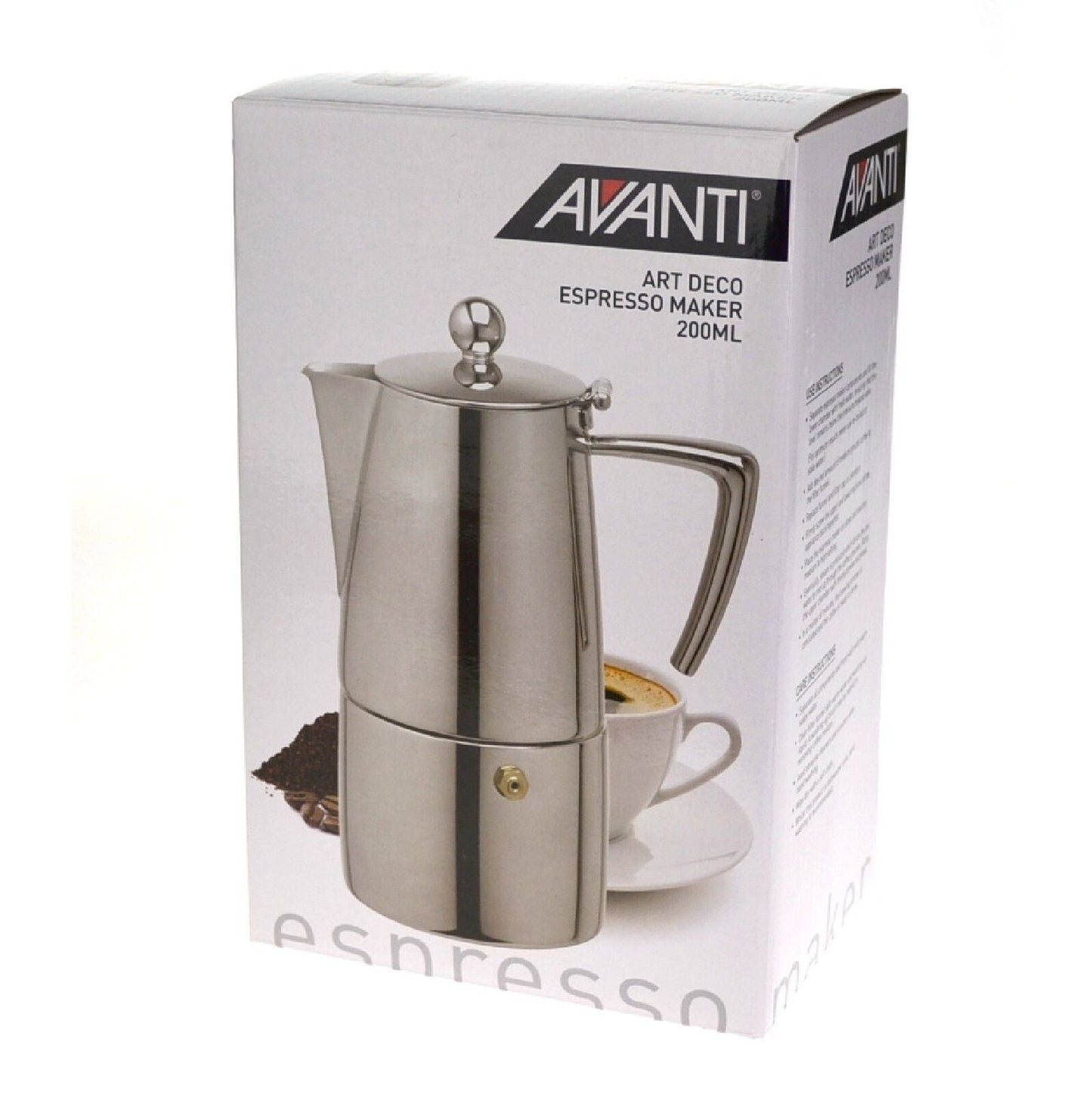Avanti 4 Cup Art Deco Espresso Coffee Maker Percolator - Silver | Stovetop Percolator | Silicon Gasket, Safety Valve, With Spare Gasket and Manuals