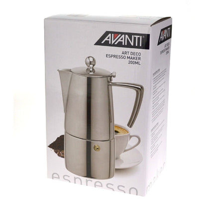 Avanti 4 Cup Art Deco Espresso Coffee Maker Percolator - Silver | Stovetop Percolator | Silicon Gasket, Safety Valve, With Spare Gasket and Manuals