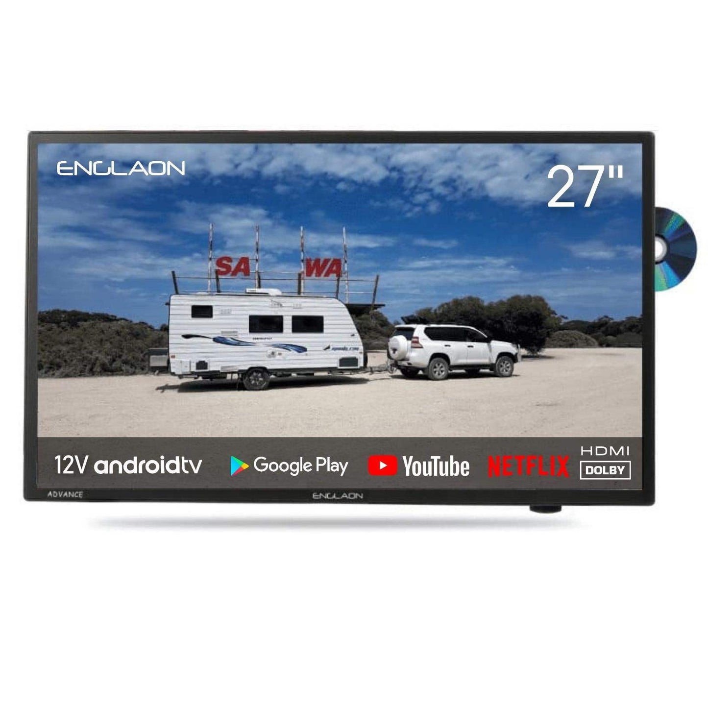 ENGLAON 27'' Full HD Android 11 Smart 12V TV with DVD Combo & Bluetooth & Chromecast