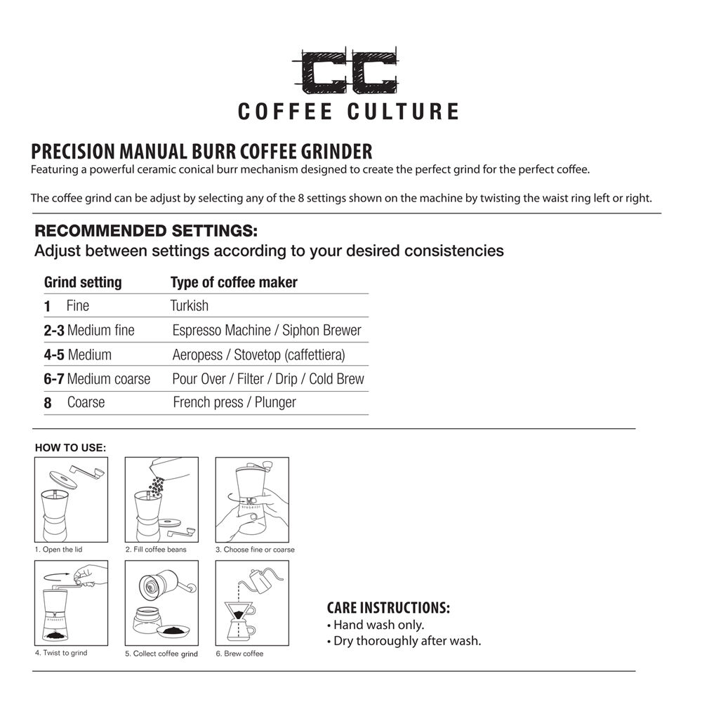 Coffee Culture Premium Stainless Steel Hand Burr Manual Coffee Grinder (Silver)