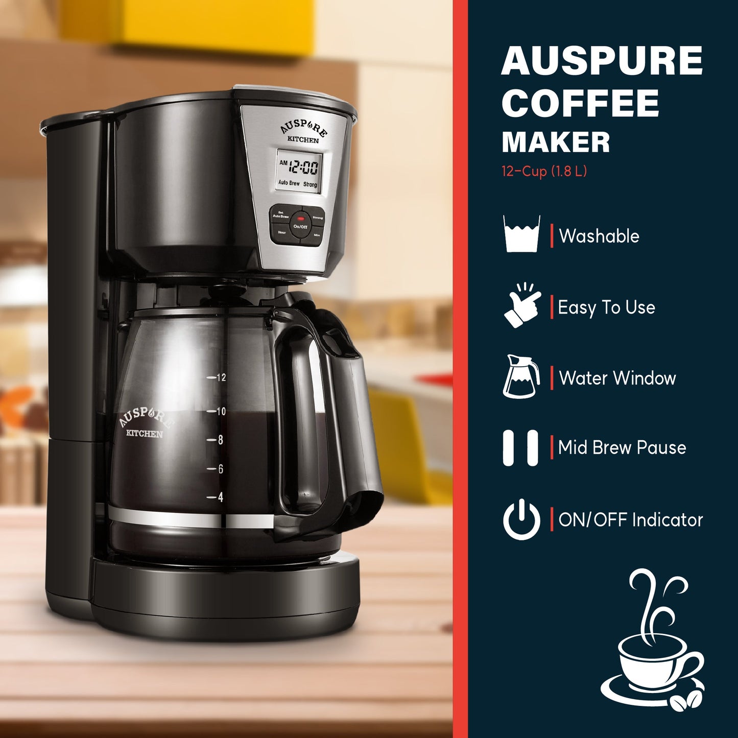 AUSPURE Coffee Maker 1.8L, Programmable Drip Coffee, 12 Cup, Auto Brew