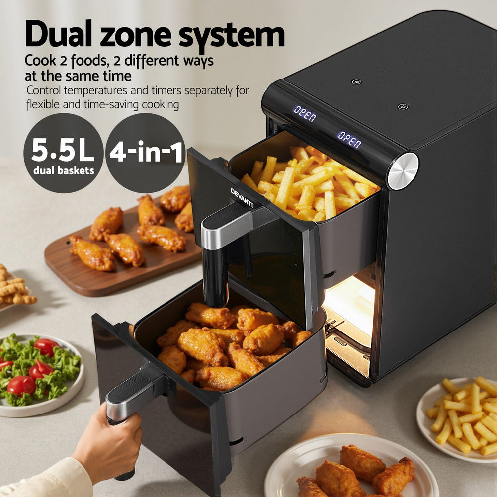 Devanti Air Fryer Oven 11L Dual Zone Fryers (Black)