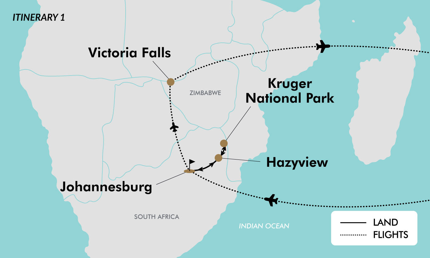 South Africa and Victoria Falls map itinerary 1