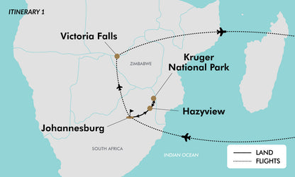 South Africa and Victoria Falls map itinerary 1