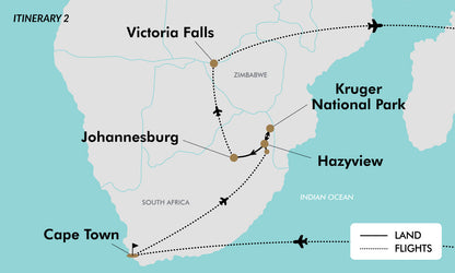 South Africa and Victoria Falls map itinerary 2