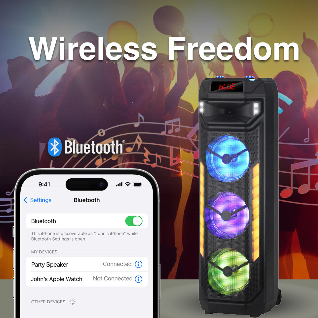 Laser Wireless Tower Speaker – 40W with LED Lights (Black)