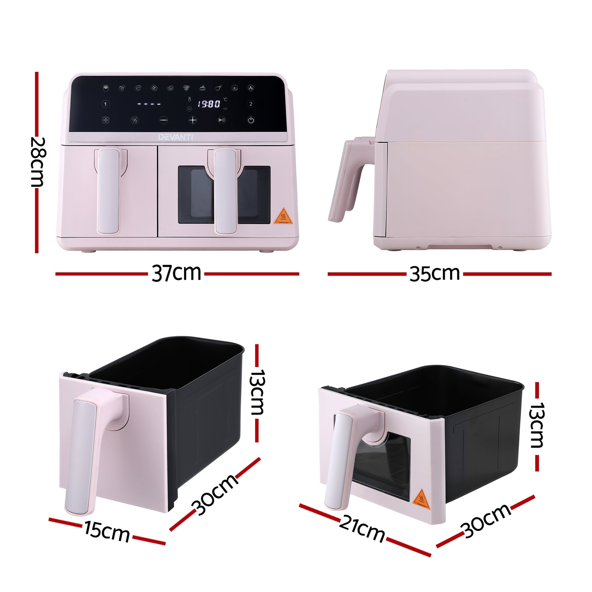 Devanti Air Fryer 9L Dual Zone Fryers 2600W (Pink)