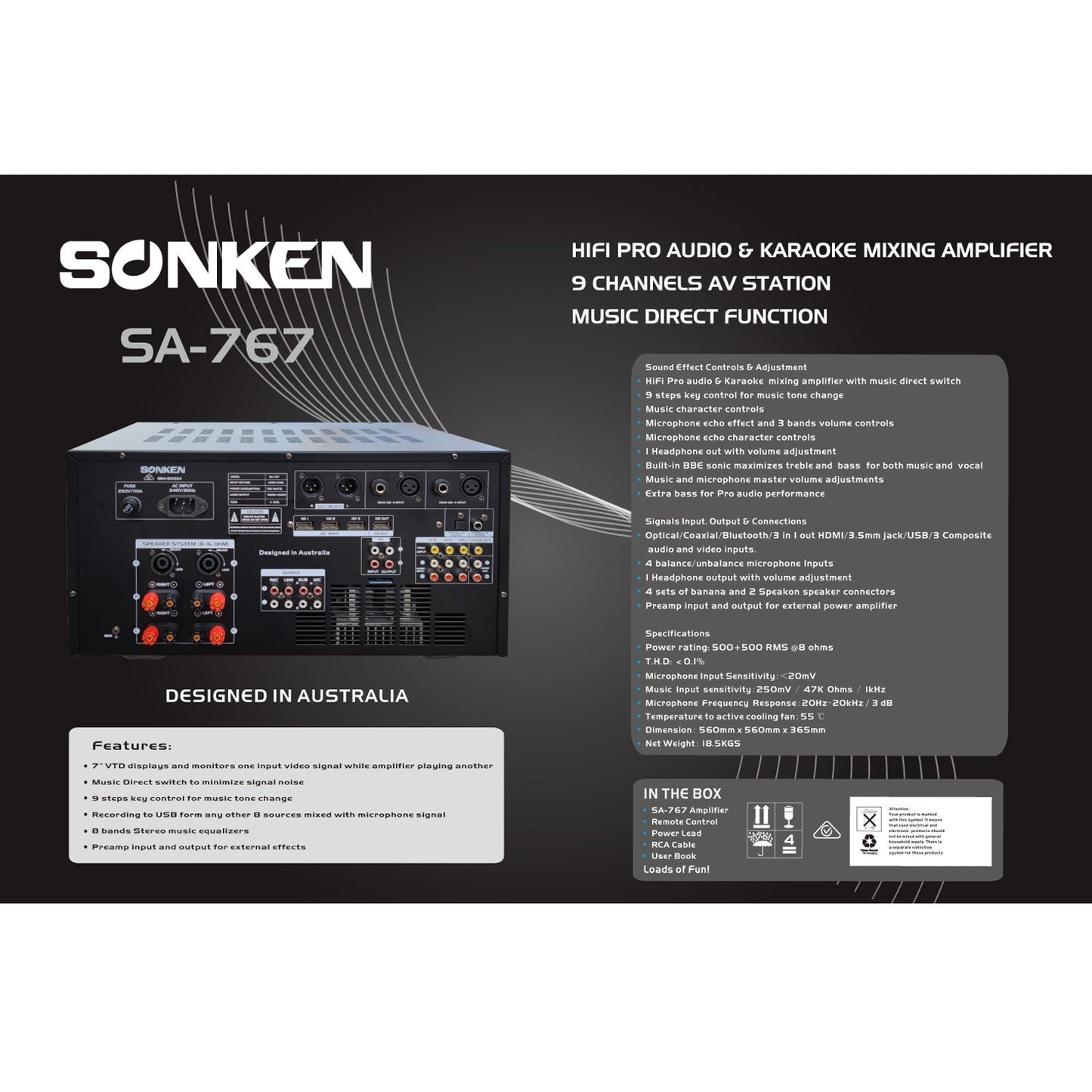 Sonken SA-767 Professional Karaoke Mixing Amplifier 1000W RMS with USB Vocal & Music Recording, Bluetooth