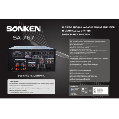 Sonken SA-767 Professional Karaoke Mixing Amplifier 1000W RMS with USB Vocal & Music Recording, Bluetooth