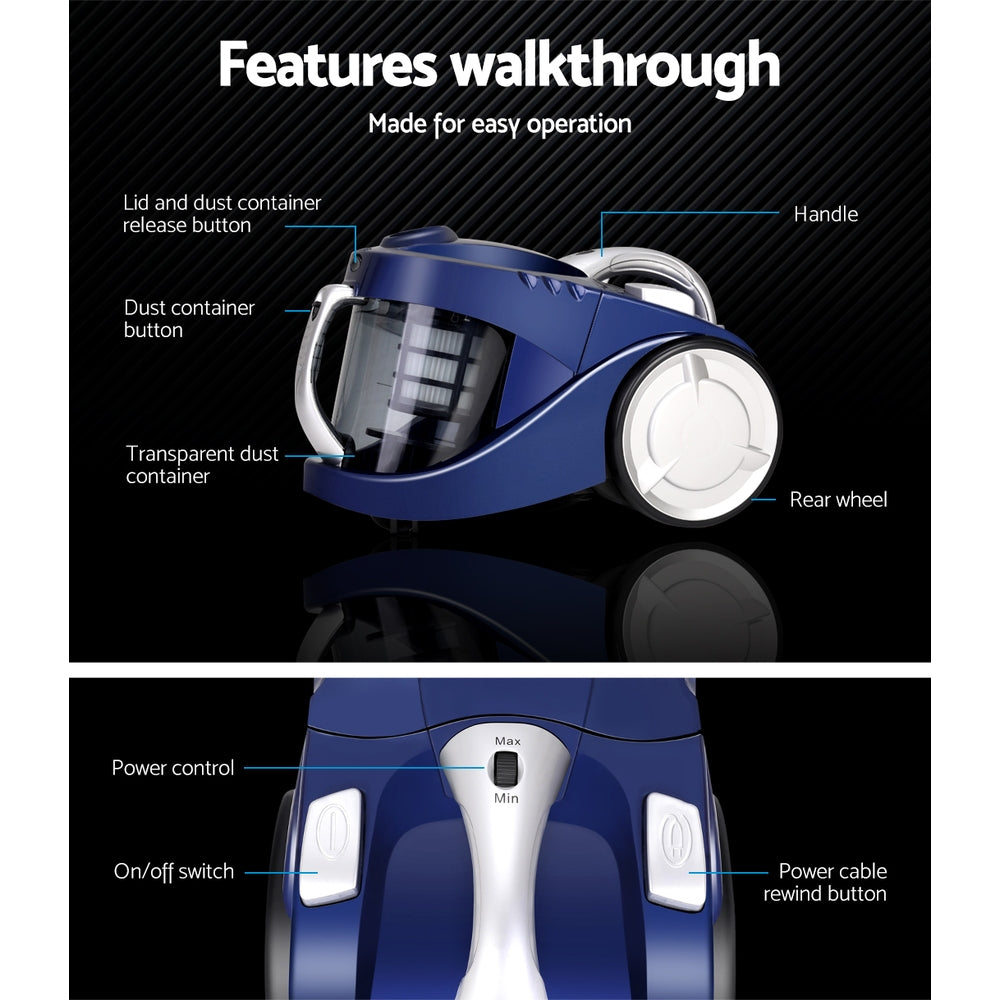 Devanti 2200W Multi-cyclonic Bagless Vacuum Cleaner Pet Hair (Blue)