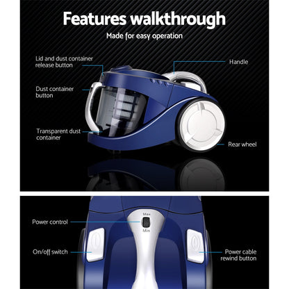 Devanti 2200W Multi-cyclonic Bagless Vacuum Cleaner Pet Hair (Blue)