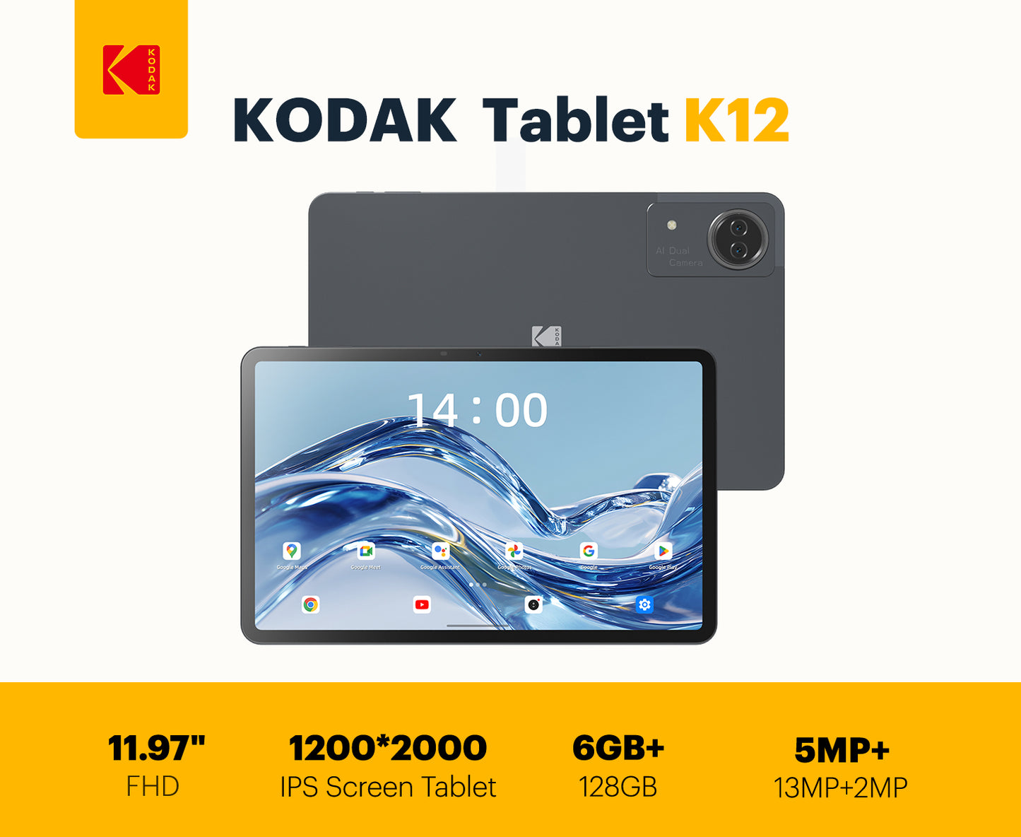 KODAK 12" Android 15 Tablet – 6GB RAM, 128GB Storage (Expandable to 1TB)