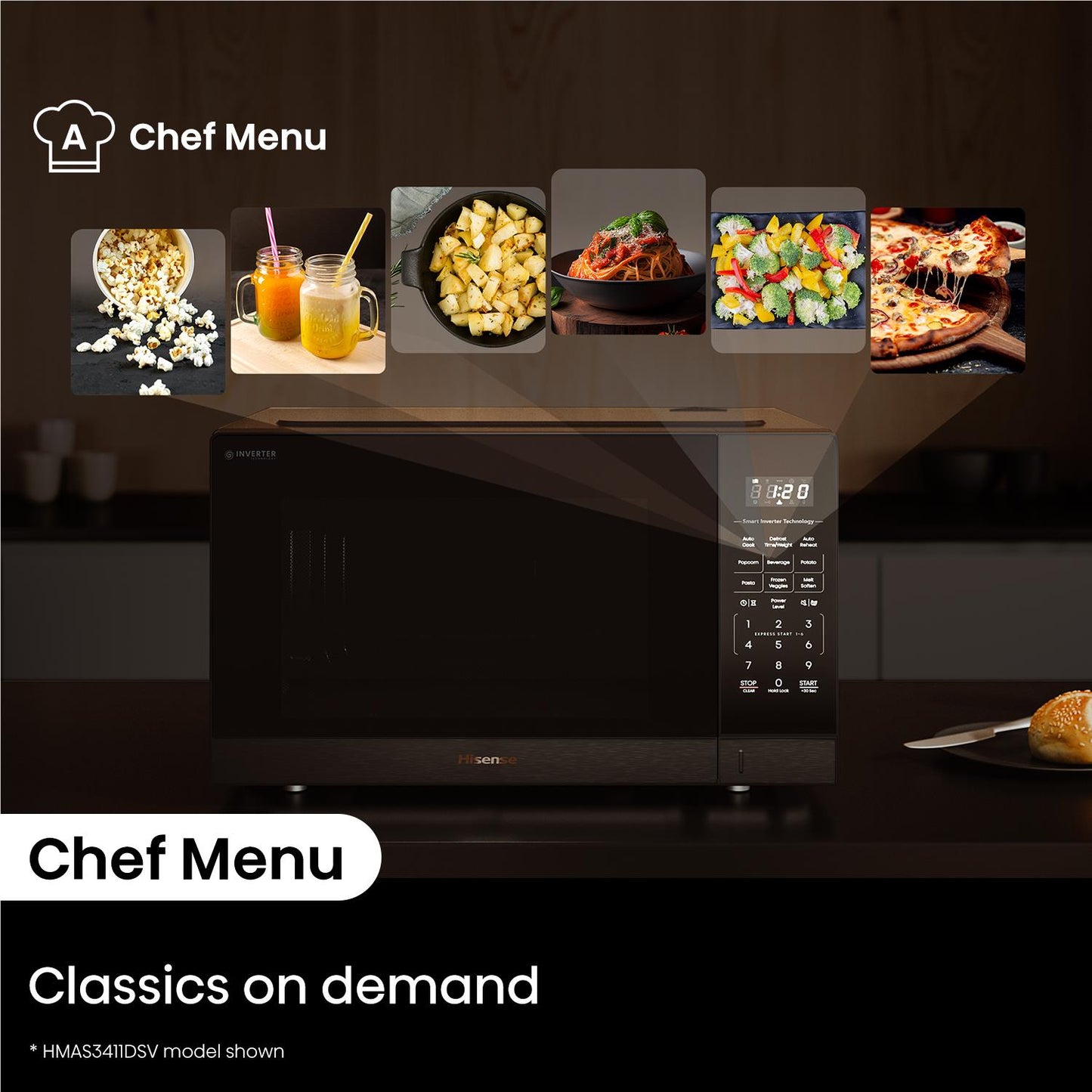 Hisense HMAS3411BMV 34L 1100W Smart Inverter Microwave Oven (Black Mirror)