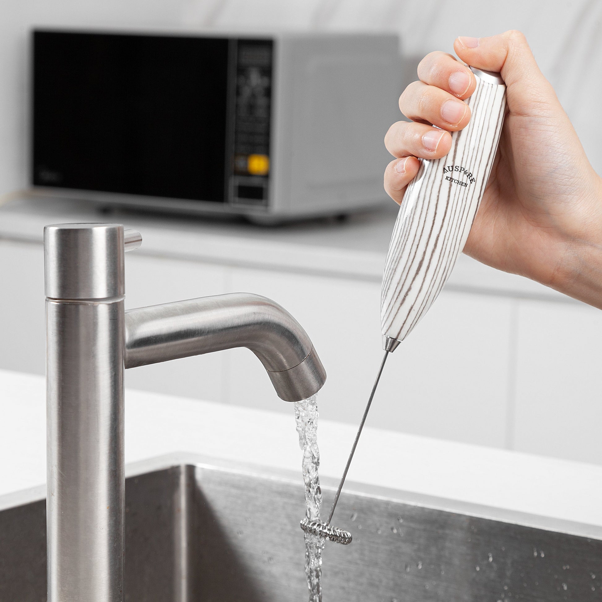 AUSPURE Milk Frother Handheld, Electric Whisk (White Wood)