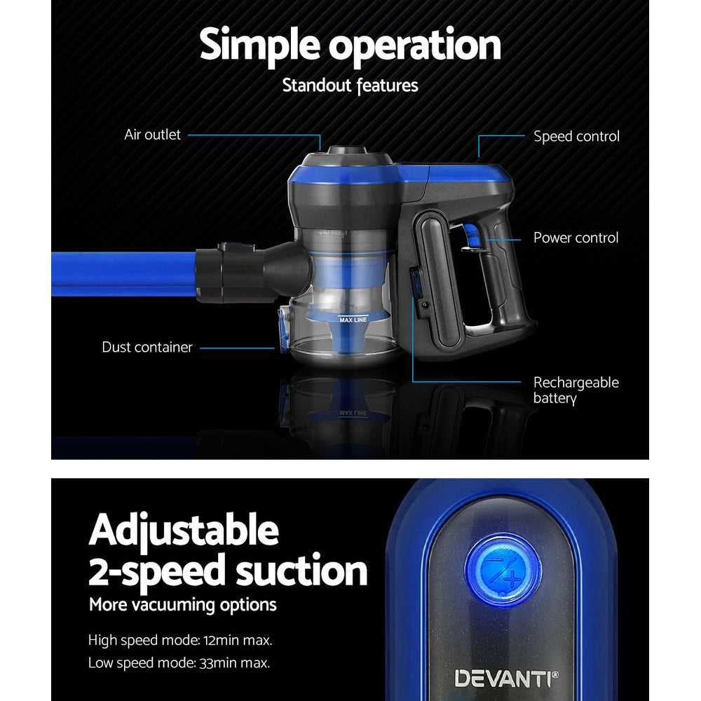 Devanti Stick Vacuum Cleaner Brushless Cordless 250W (Blue)