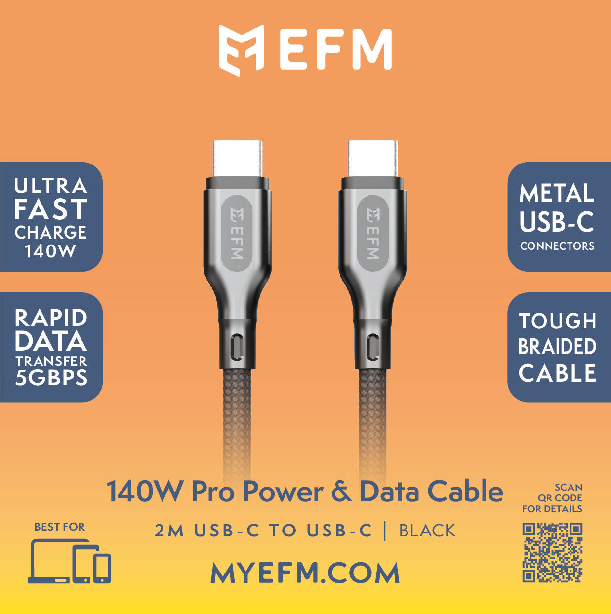 EFM 140W Pro Power and Data USB-C Cable - With 2M Braided Cable - Black