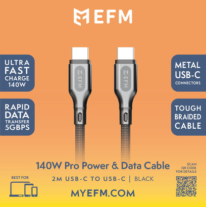 EFM 140W Pro Power and Data USB-C Cable - With 2M Braided Cable - Black