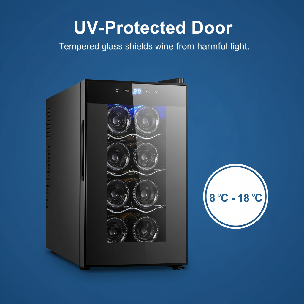 Lenoxx 8 Bottle Thermoelectric Wine Fridge, 65W, UV Protected Glass Door, Soft LED Illumination