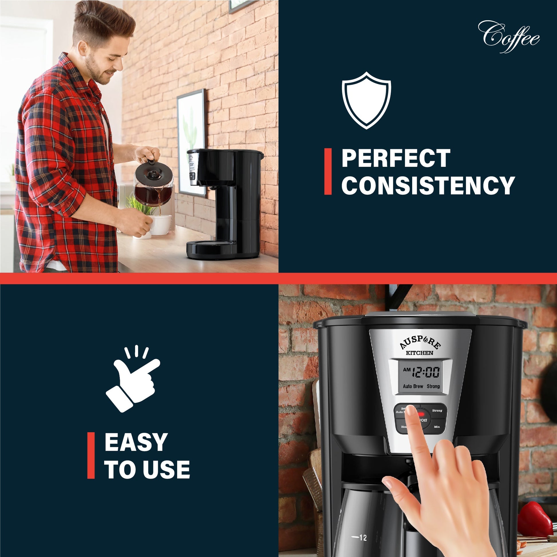 AUSPURE Coffee Maker 1.8L, Programmable Drip Coffee, 12 Cup, Auto Brew