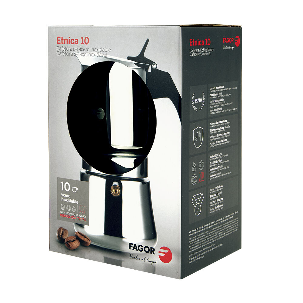 Fagor Etnica Stainless Steel 10 Cups Espresso Coffee Maker Moka Pot Silver