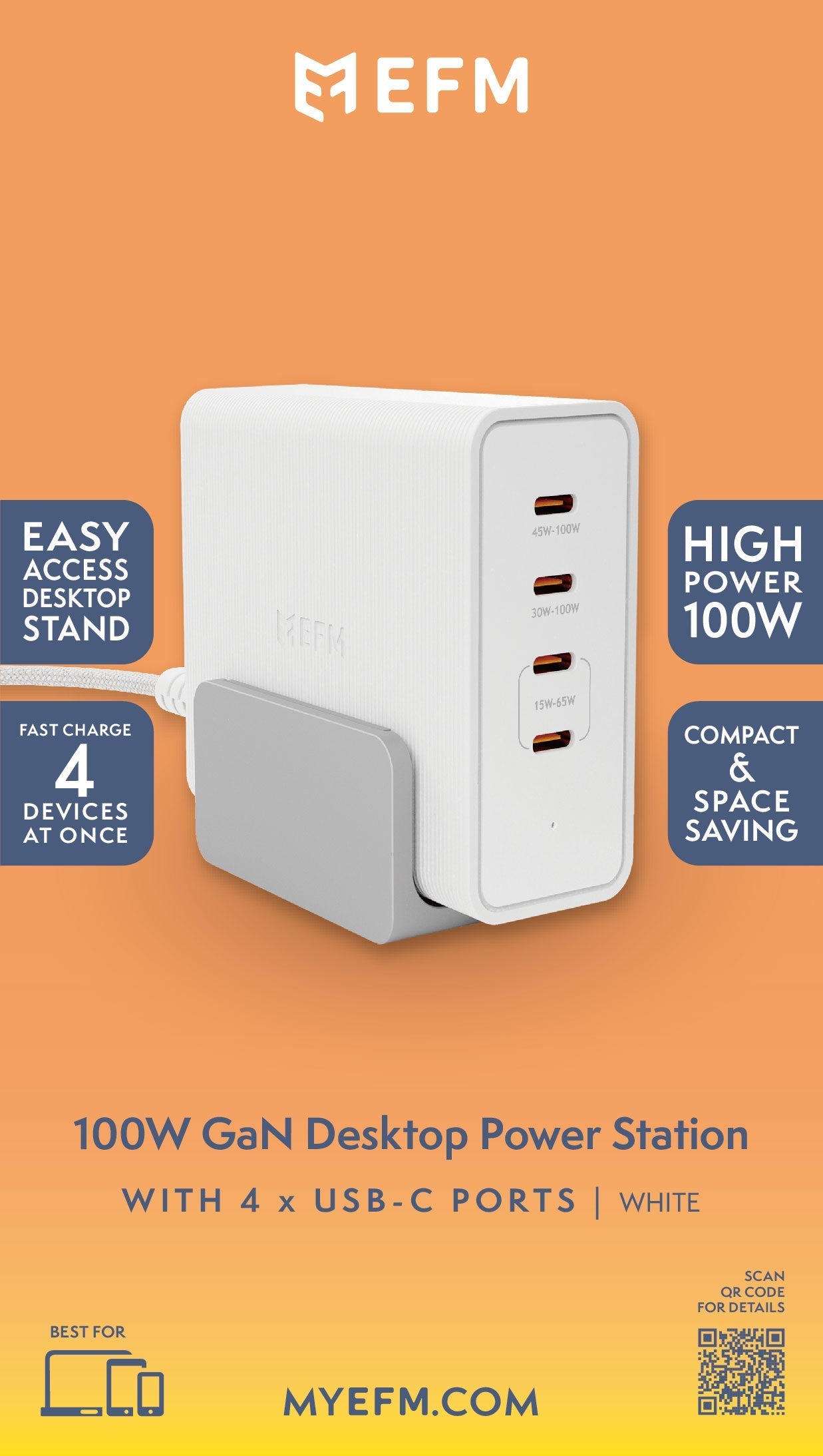 EFM 100W Desktop Power Station with GaN, PD3.1 and PPS (White)