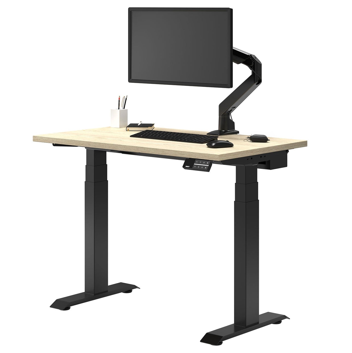 Desky Dual Mini Sit Stand Desk 1100x600 Classic Oak Desktop and Matte Black Frame