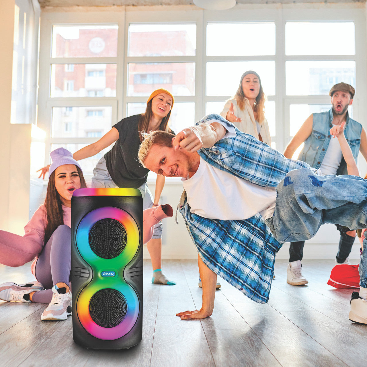Laser Bluetooth Party Speaker with RGB Lights and Wireless Mic (Black)