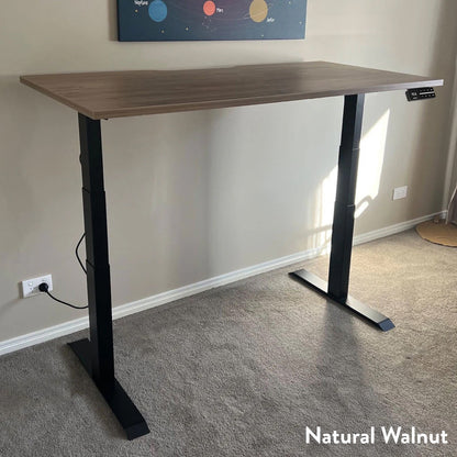 Desky Dual Scalloped Melamine Sit Stand Desk 1800x750mm (Natural Walnut/Grey)