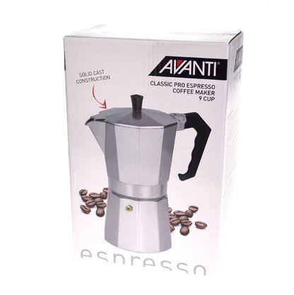 Avanti 9 Cup Classic Pro Espresso Coffee Maker Percolator - Silver | Moka Pot | Safety valve, Silicon Gasket, With Manuals