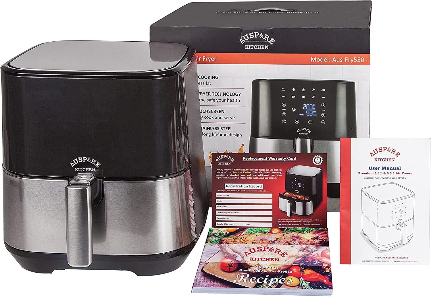 AUSPURE Air Fryer 5.5L Premium Digital, 100 Recipes, Nonstick Basket