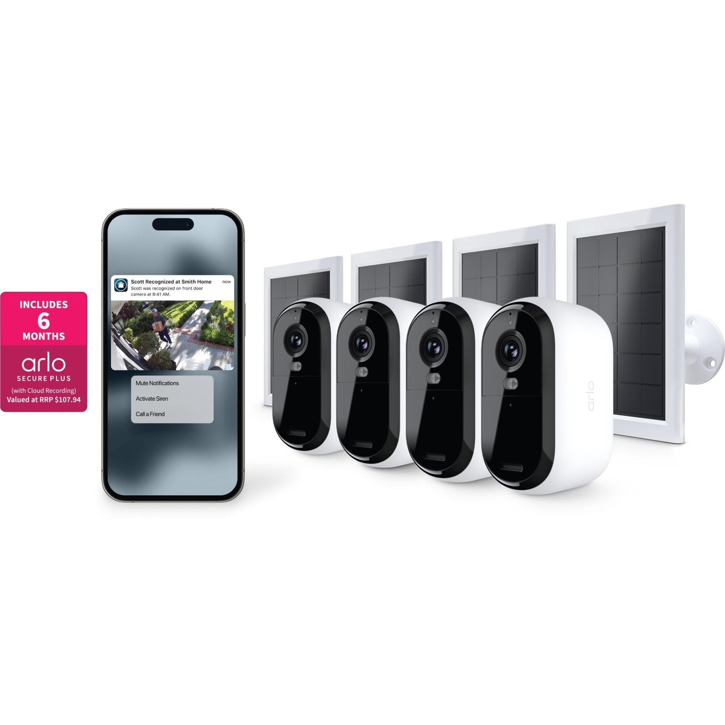 Arlo Essential Security Camera Kit with Solar Panel + 6M Subscription (4 Pack)