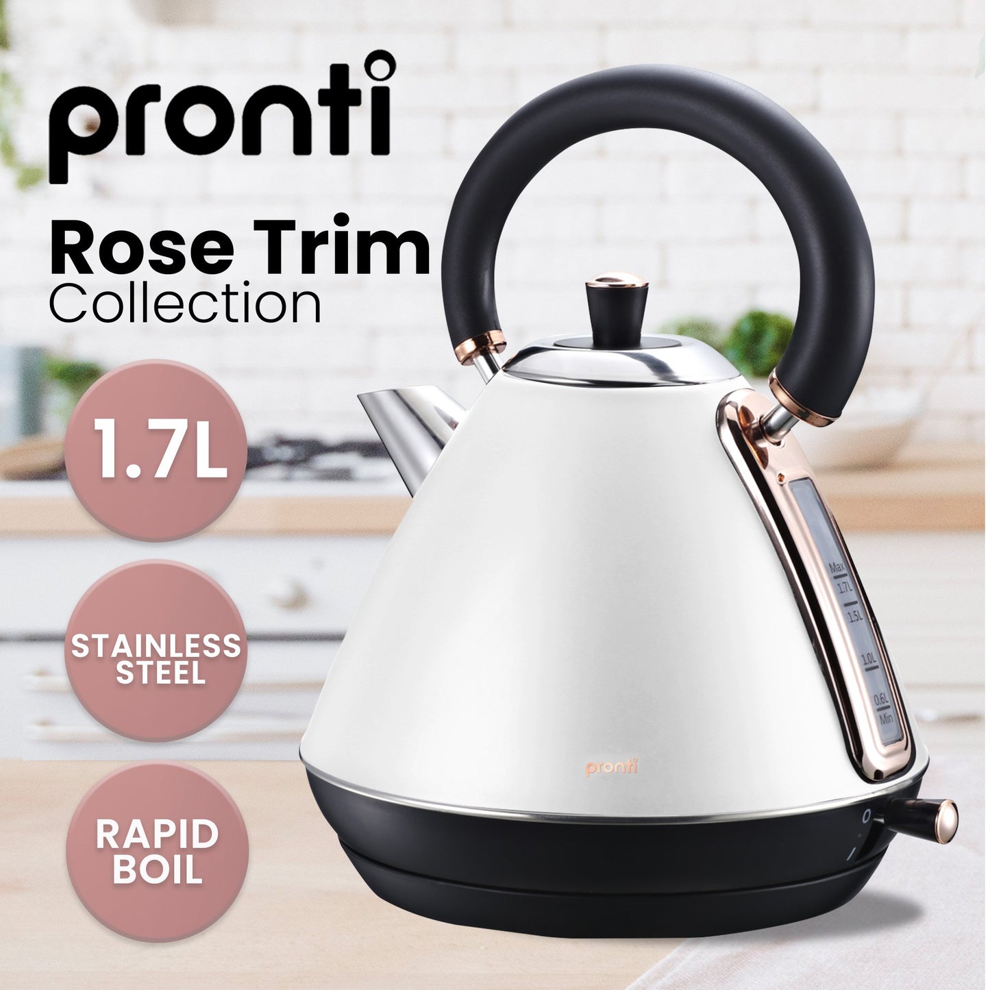 Pronti Breakfast Set with Rose Gold Kettle, Toaster & Espresso Machine - White