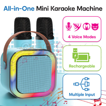 Laser Mini Bluetooth Karaoke Speaker with Dual Wireless Mics (Blue)