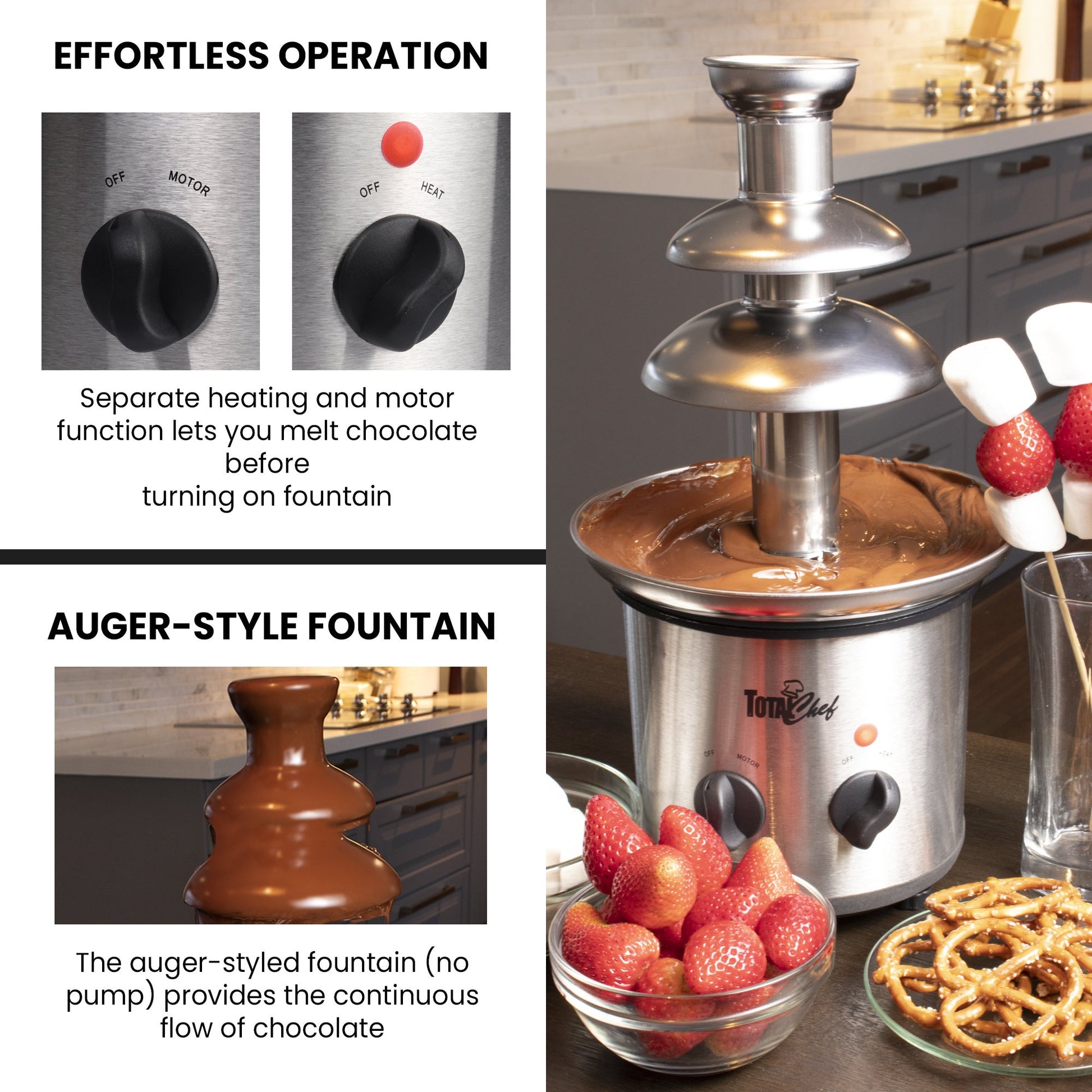 Total Chef 3 Tier Chocolate Fondue Fountain 680g Capacity, Stainless Steel