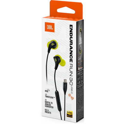 JBL Endurance Run 3  Waterproof Wired USB-C In-Ear Headphones (Black/Lime)