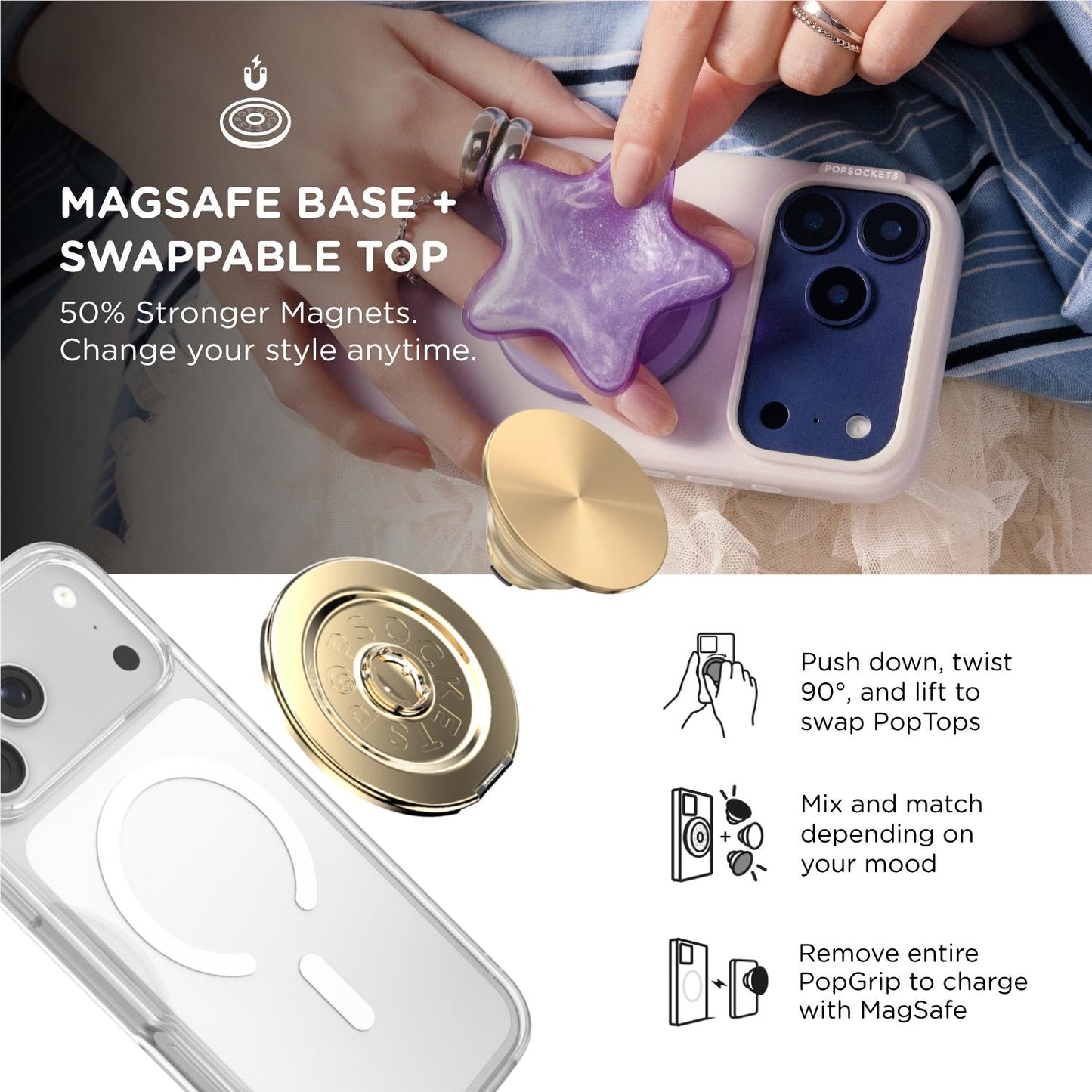 PopSockets PopGrip MagSafe Phone Grip/Stand with Swappable Top Kickout (Alum Radial Gold)