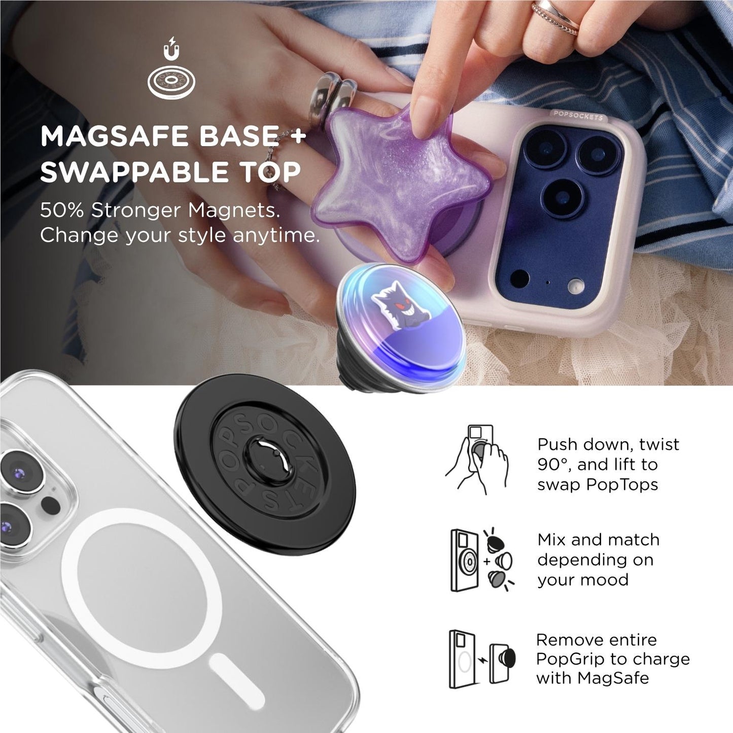 Pokemon X PopSockets PopGrip MagSafe Phone Grip/Stand with Swappable Top (Gengar Tidepool)