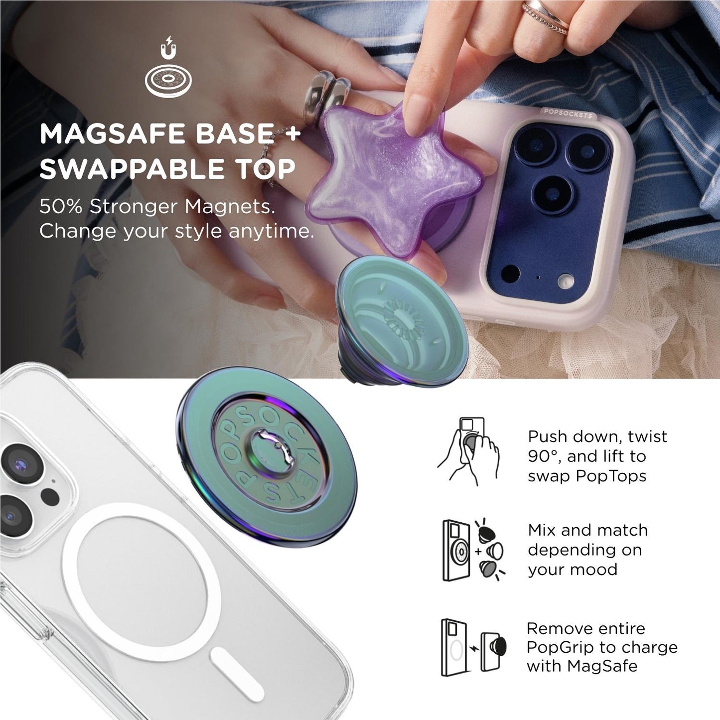 PopSockets PopGrip MagSafe Phone Grip/Stand with Swappable Top (Nightshade)
