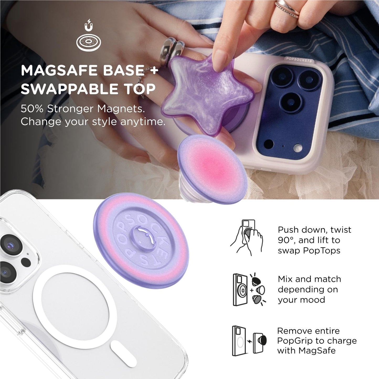 PopSockets PopGrip MagSafe Phone Grip/Stand with Swappable Top (Aura)