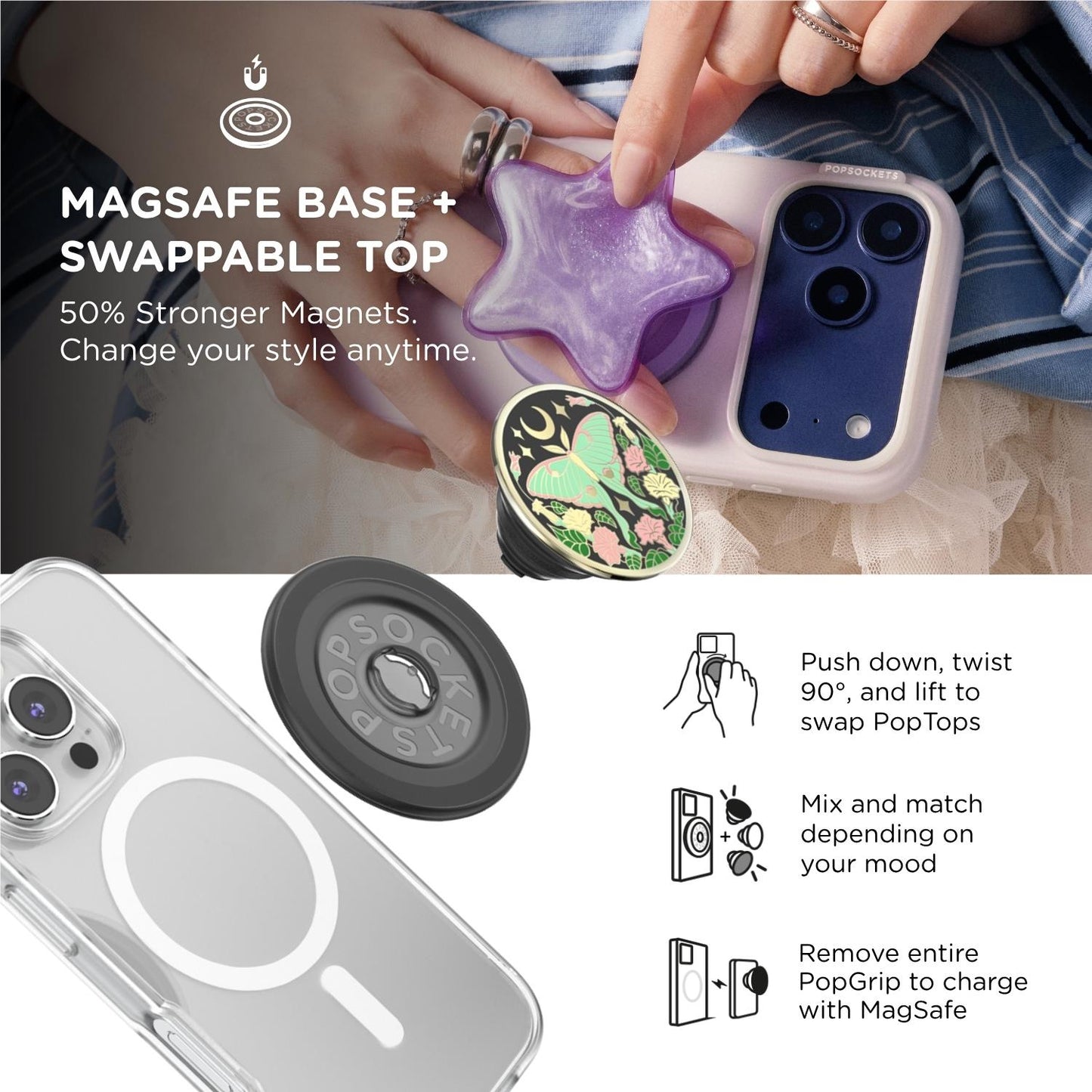 PopSockets PopGrip MagSafe Phone Grip/Stand with Swappable Top (Luna Moth)